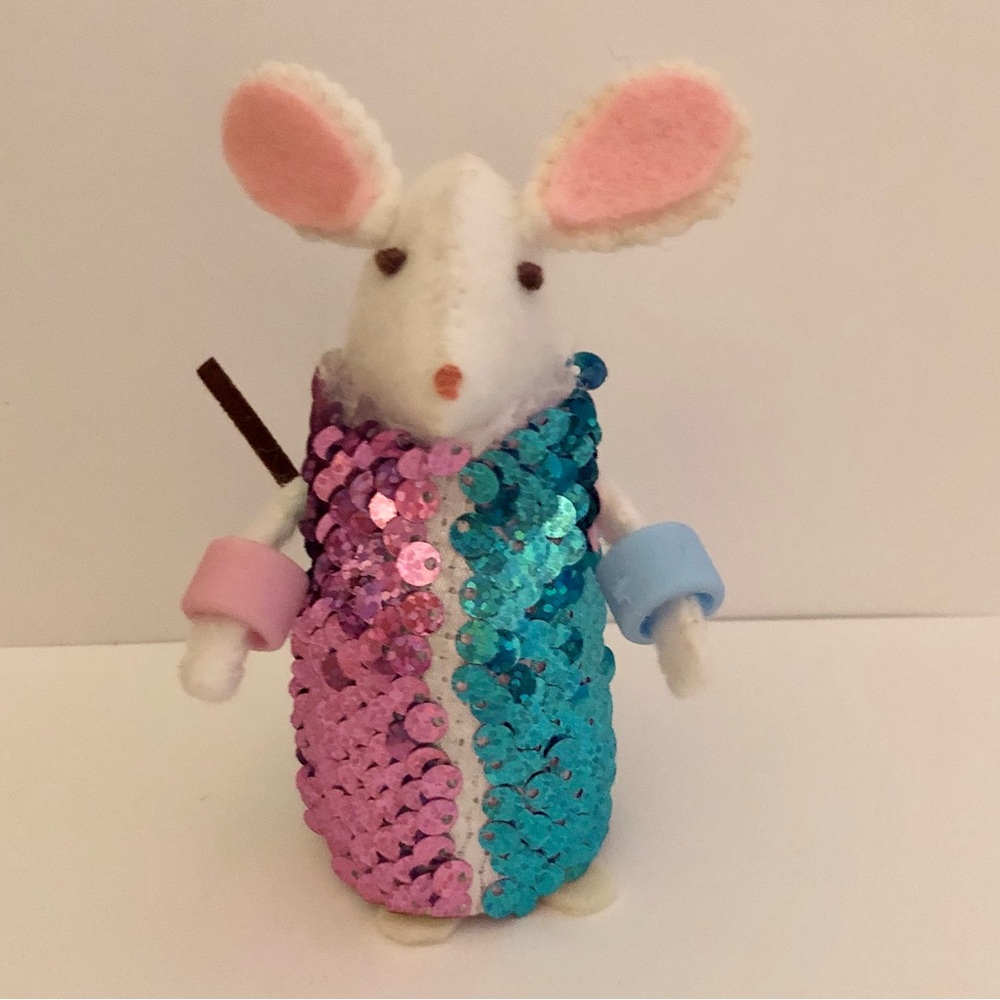 Play Dress Up felt mouse Art Doll hand-sewn sequin dress blue pink sparkle
